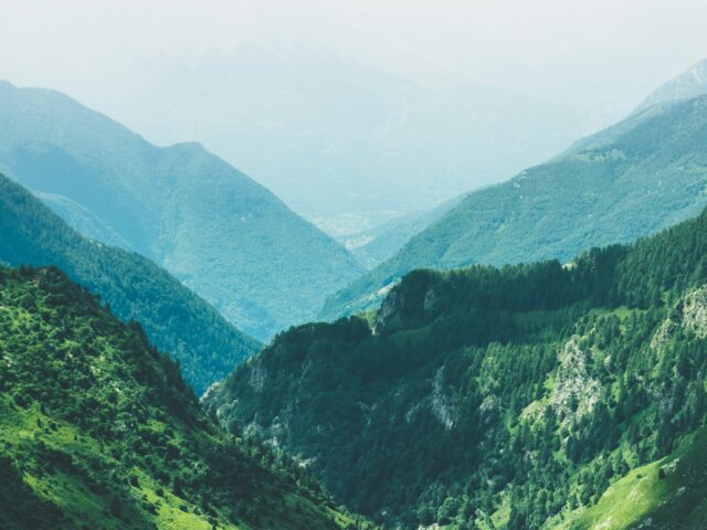 Aerial view of green mountains, similar to northern Pakistan's landscape and flora