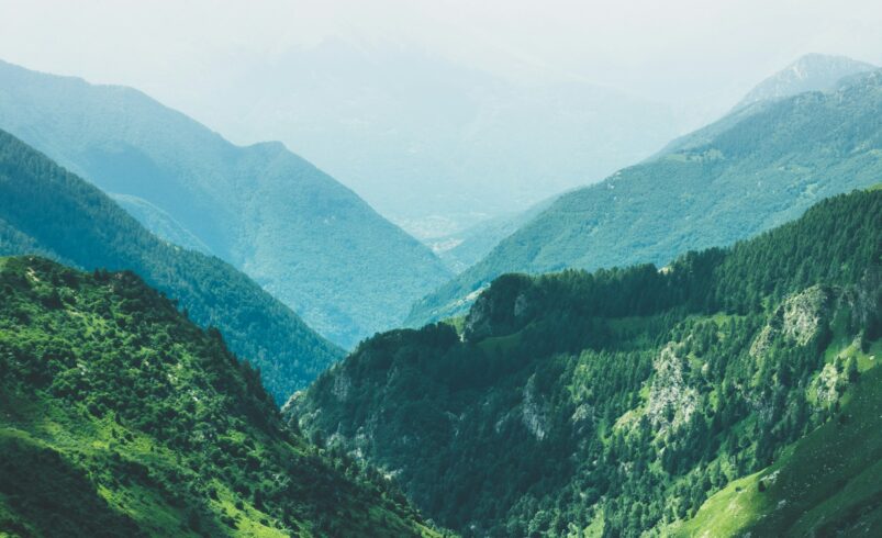 Aerial view of green mountains, similar to northern Pakistan's landscape and flora