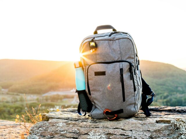 A hiking backpack at sunset, ready for a trip to Pakistan