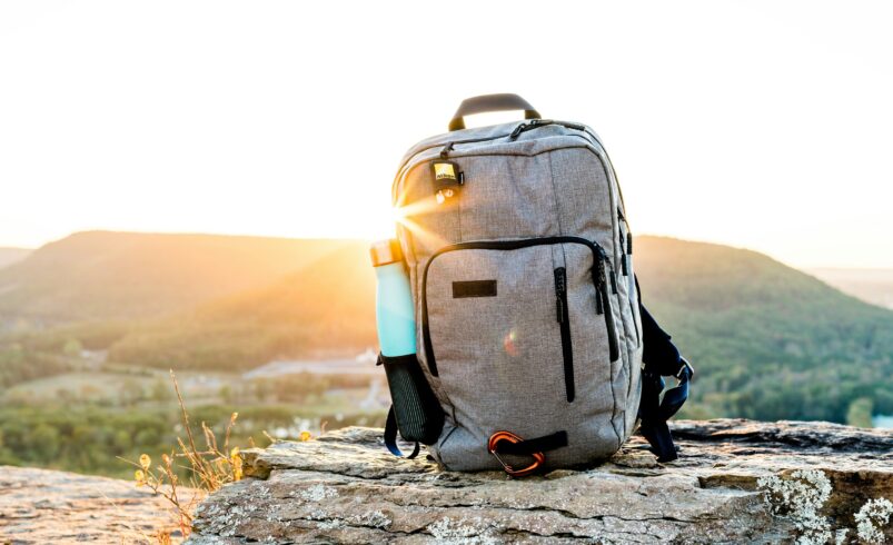 A hiking backpack at sunset, ready for a trip to Pakistan