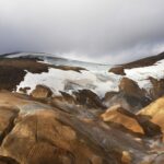 A glacier atop an arid, rocky landscape, similar to the moraine terrain of Baltoro Glacier