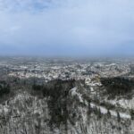 View of a snowy high-altitude mountain range from a helicopter, illustrating evacuation terrain