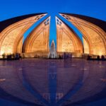 The Pakistan Monument on the Shakarparian Hills in Islamabad, lit at blue hour