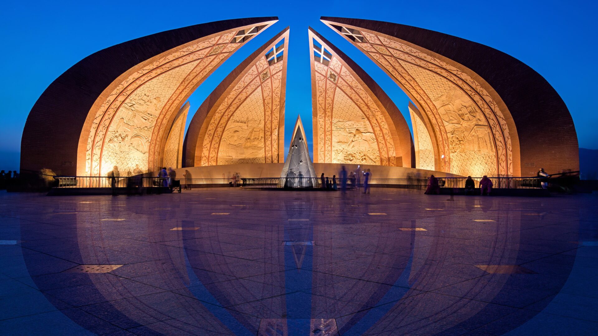 The Pakistan Monument on the Shakarparian Hills in Islamabad, lit at blue hour