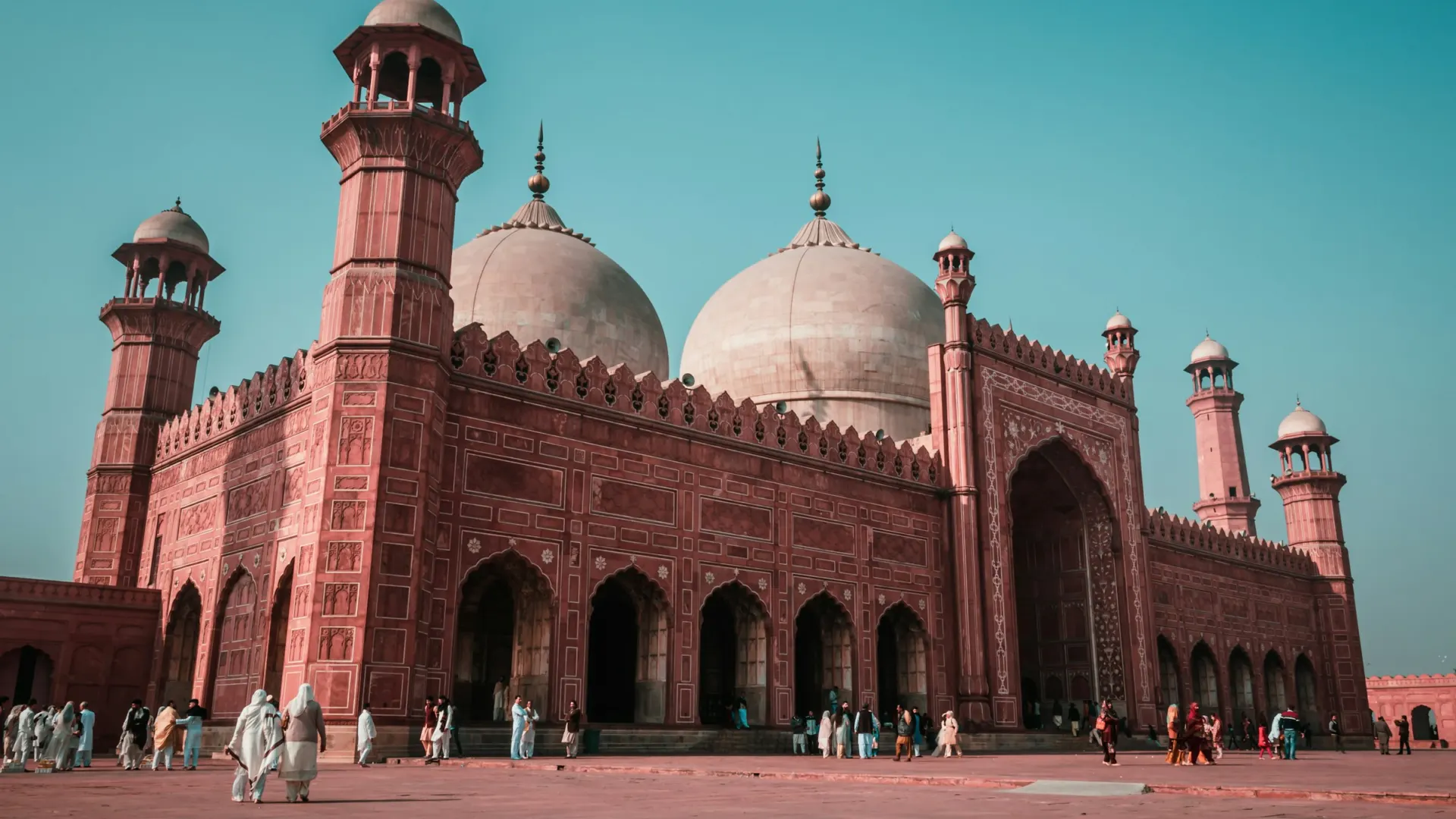 The Badshahi Mosque with red sandstone walls in Lahore, Punjab, Pakistan