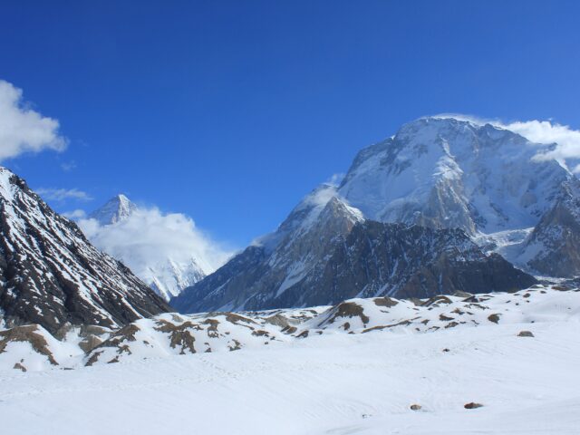Broad Peak and K2 rising above the Karakoram skyline in Gilgit-Baltistan