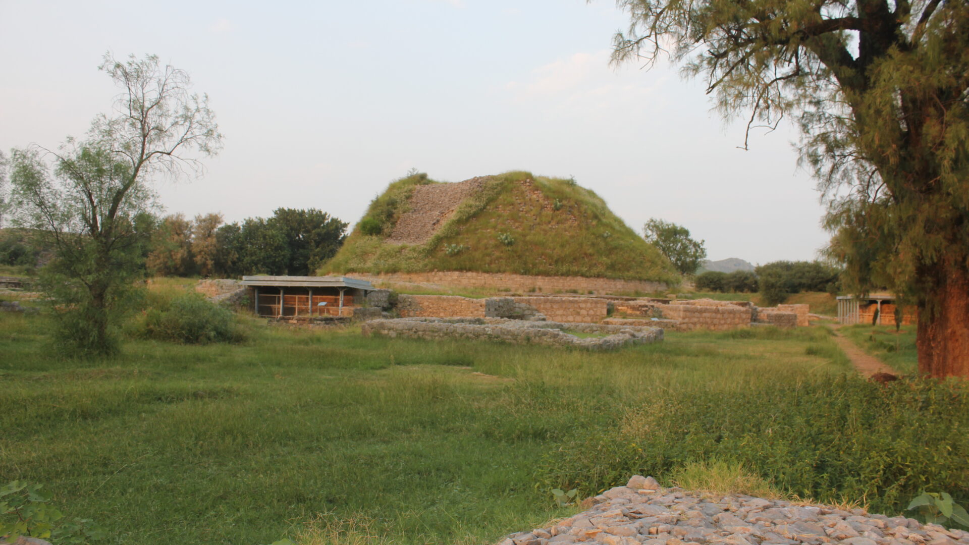 Dharmarajika Stupa at Taxila seen from the west, with the ruined stupa mound and surrounding Buddhist monastery remains