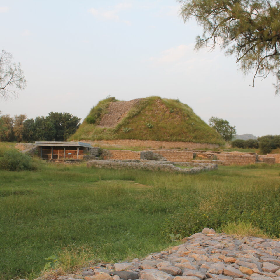 Dharmarajika Stupa at Taxila seen from the west, with the ruined stupa mound and surrounding Buddhist monastery remains