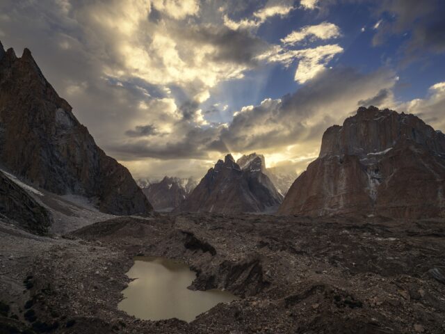 The granite spires of the Trango Towers in the Karakoram above the Baltoro Glacier