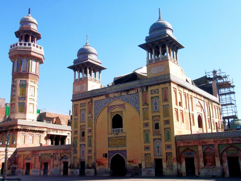 Tiled main entrance and minaret of Wazir Khan Mosque in Lahore